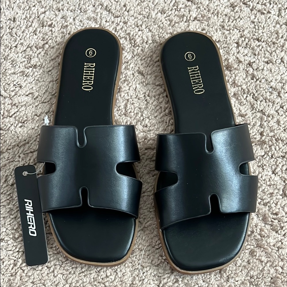 NWT Rihero Women's Black Slide Sandals